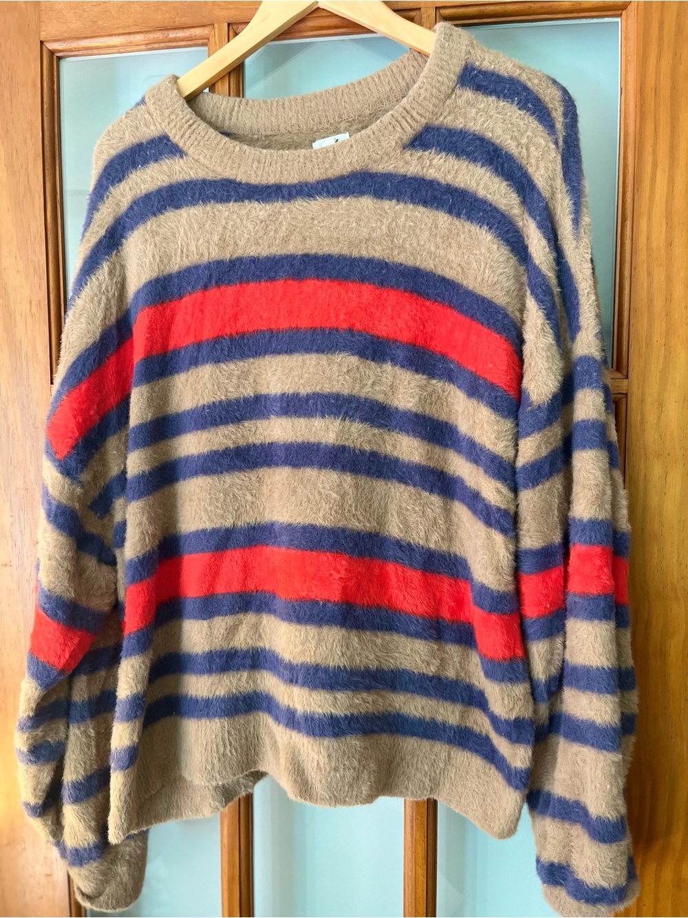 aerie Fuzzy Crewneck Sweater in Tan, Blue & Red